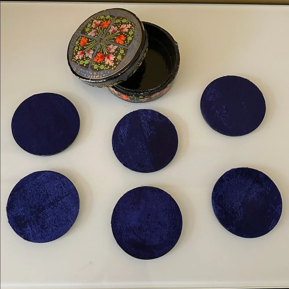Vintage Floral Botanical Hand Painted Papier-Mache Coaster Set In A Matching Box
